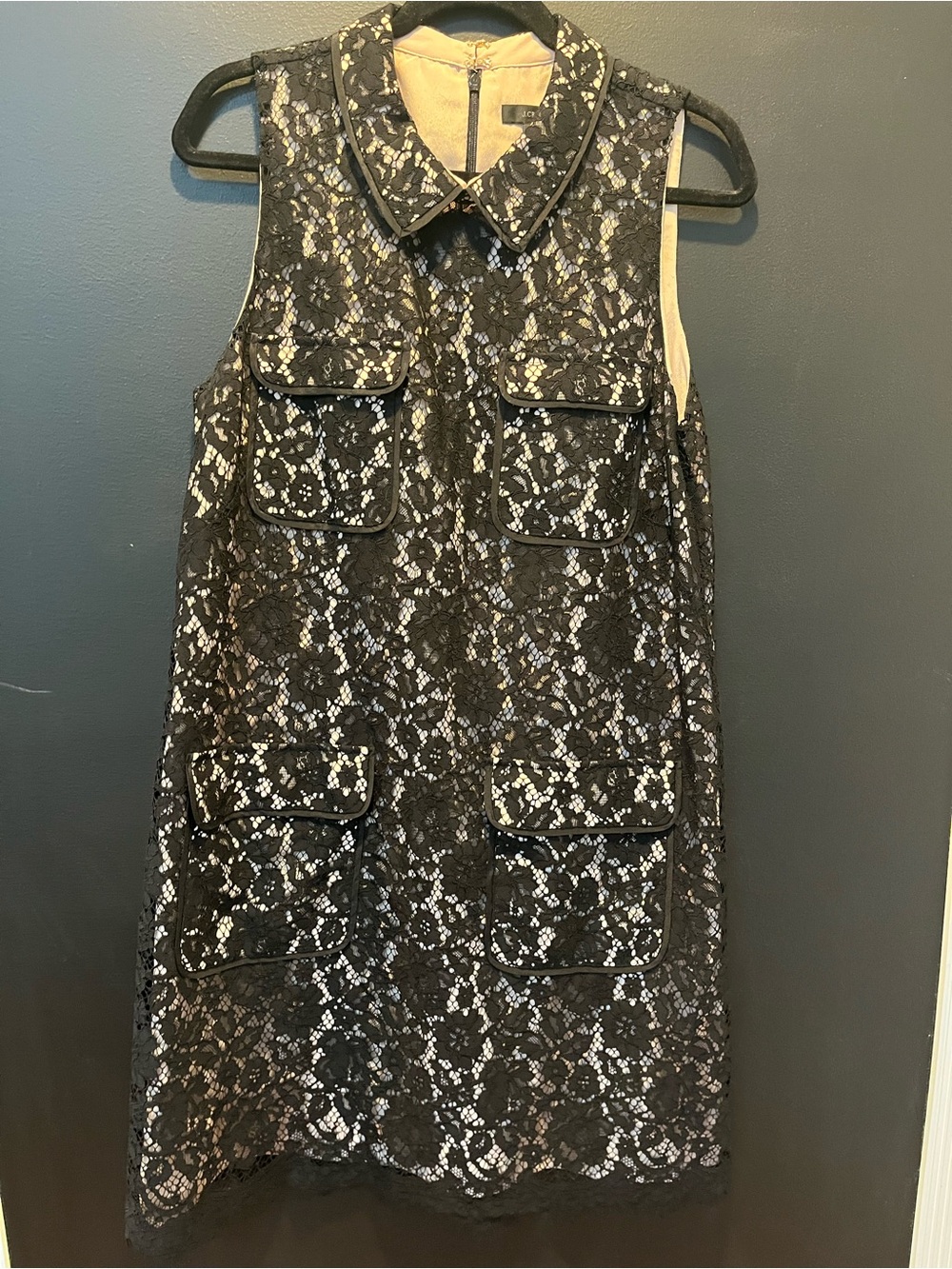 J.Crew Sleeveless Black Lace Shift Dress with Contrast (nude) Underlay size 14